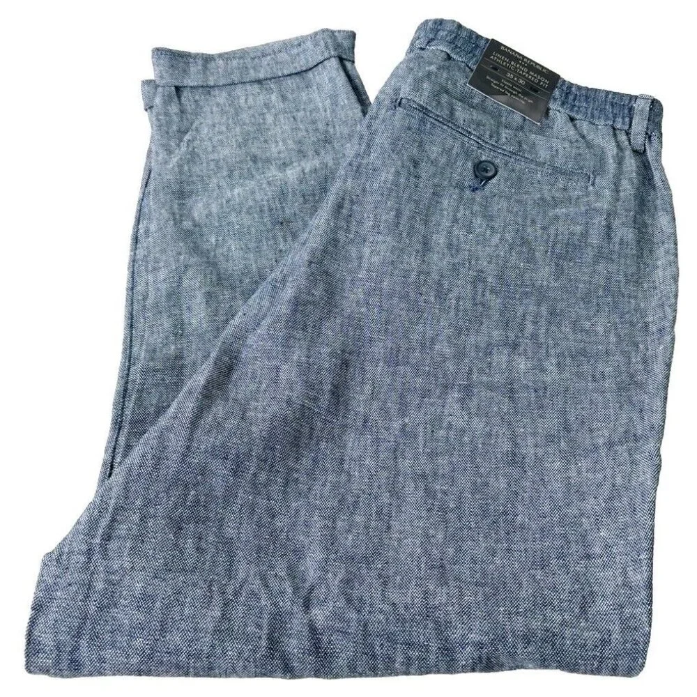 Banana Republic Linen Blend Pants Men 35x30 Blue Mason Athletic-Tapered Fit NWT
